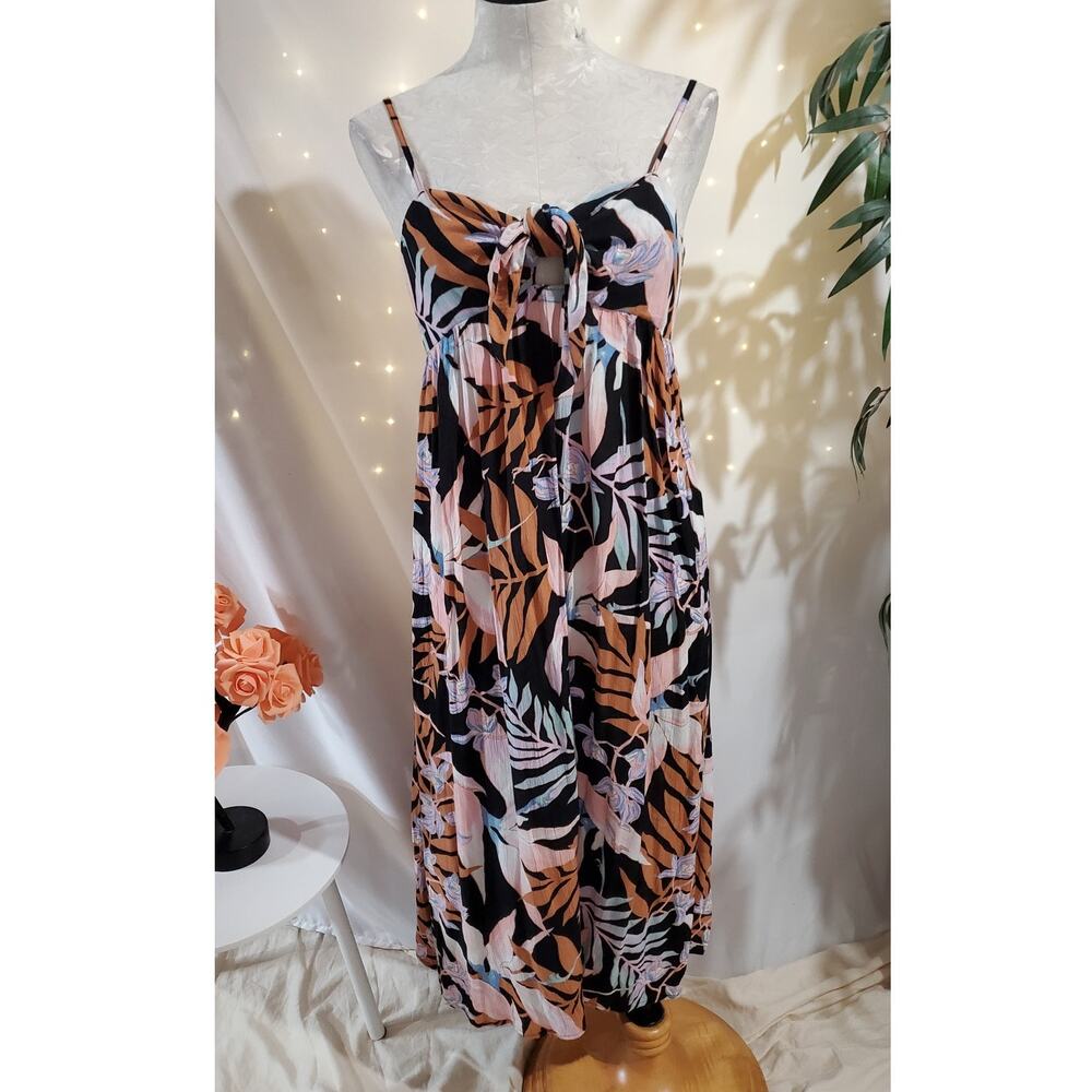 Billabong Twist It Midi Slip Dress Size S Tropical Smocked Babydoll Empire Waist
